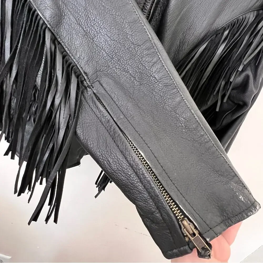 Unik Vintage Biker 80’s Fringe Leather Jacket Black Size M removable liner - Picture 5 of 13